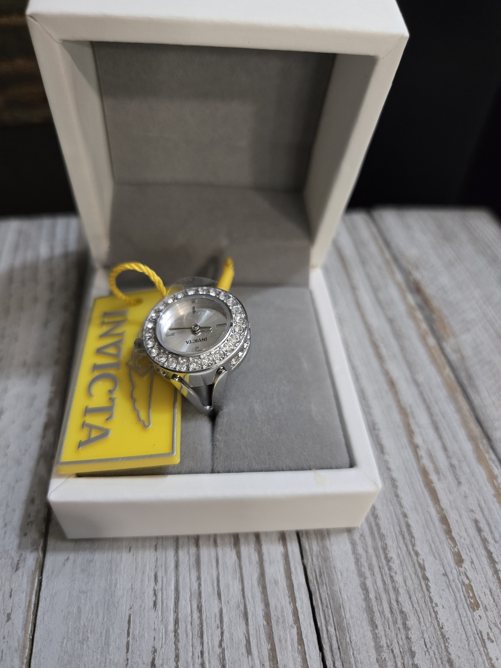 Invicta Silver Crystal Ring Watch with Sparkling Bezel